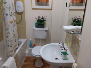 Ein Badezimmer mit Toilette, Waschbecken, Dusche und einem kleinen Ablagefach für Pflegeprodukte.