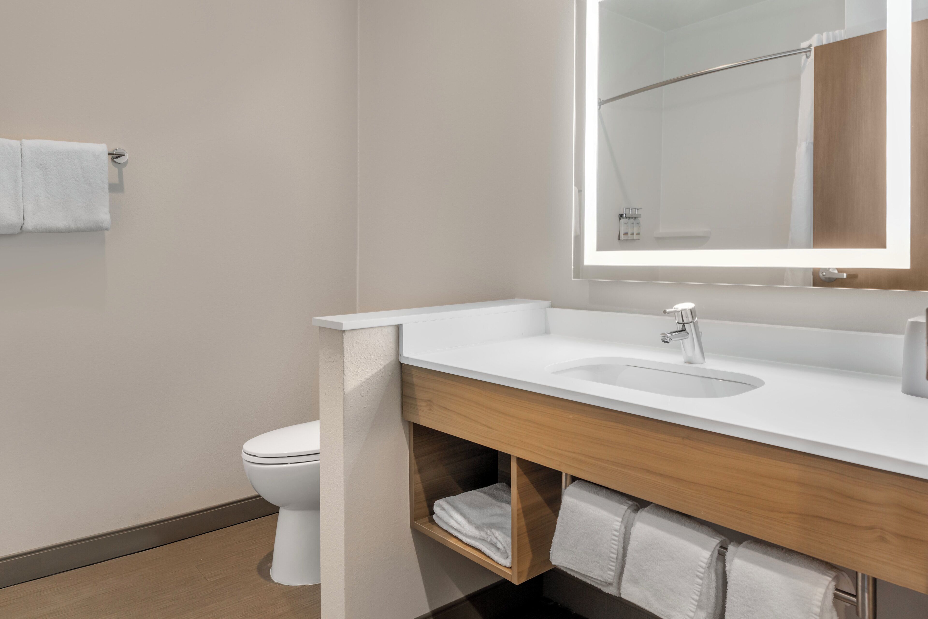 Une salle de bain moderne avec un lavabo blanc, un meuble-lavabo en bois, un miroir et des toilettes.