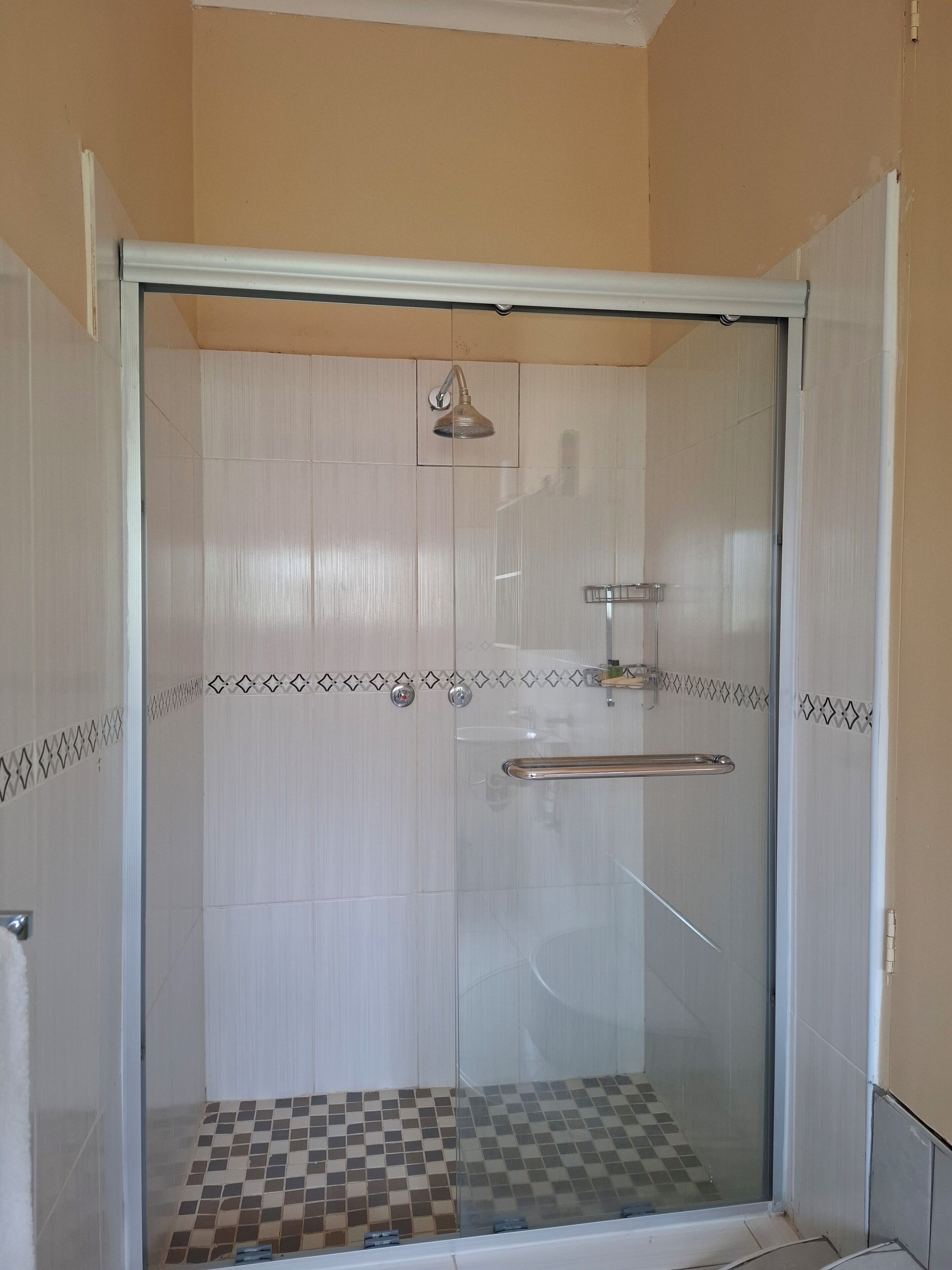 A glass-enclosed shower with a handheld showerhead, a glass door, and a checkered tile floor.