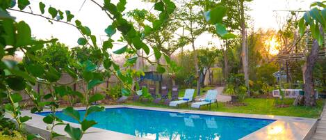 Piscina retangular com deck revestido, rodeada por grama e árvores.