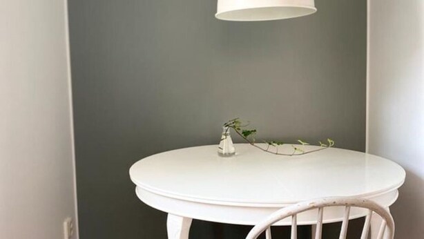 A round white table with a small vase and a plant on it, against a grey wall. - Charmant 1 RoK Visby Innerstad, last round (Gotlands län)