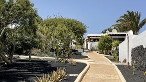Un chemin bordé de plantes et un bâtiment à la façade blanche.