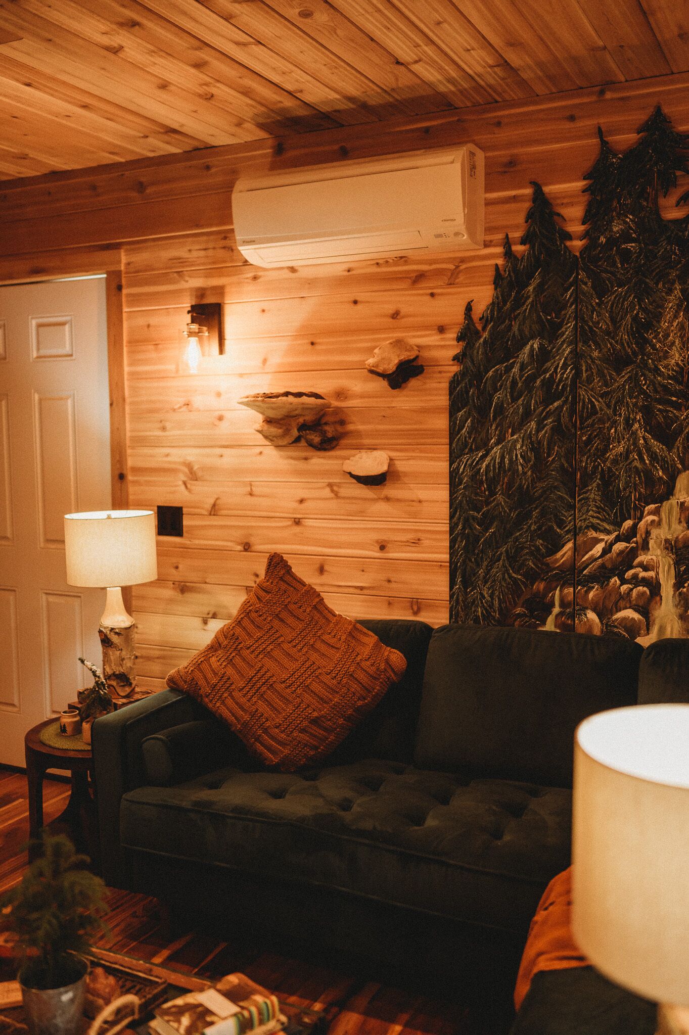 Ein gemütliches Wohnzimmer mit einem dunkelgrünen Sofa, einer Holzwand und einer daran montierten Klimaanlage, sowie ein dekorativer Fichtenzapfen.