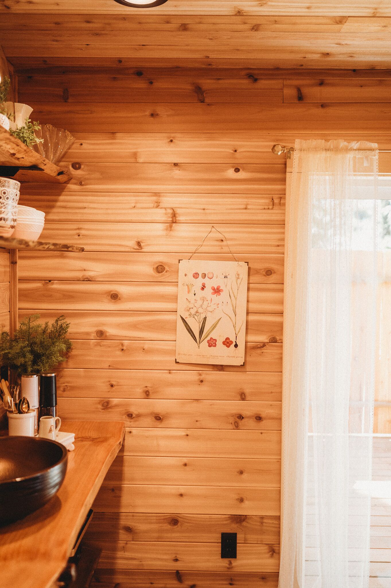 Interior de una cabaña de madera con pared de madera, una ilustración botánica enmarcada, una mesa de madera con un cuenco y una ventana con cortinas de encaje.