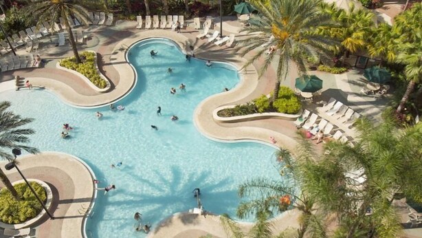 Vista aérea de una piscina de resort con varias secciones, rodeada de palmeras y sillas de descanso.