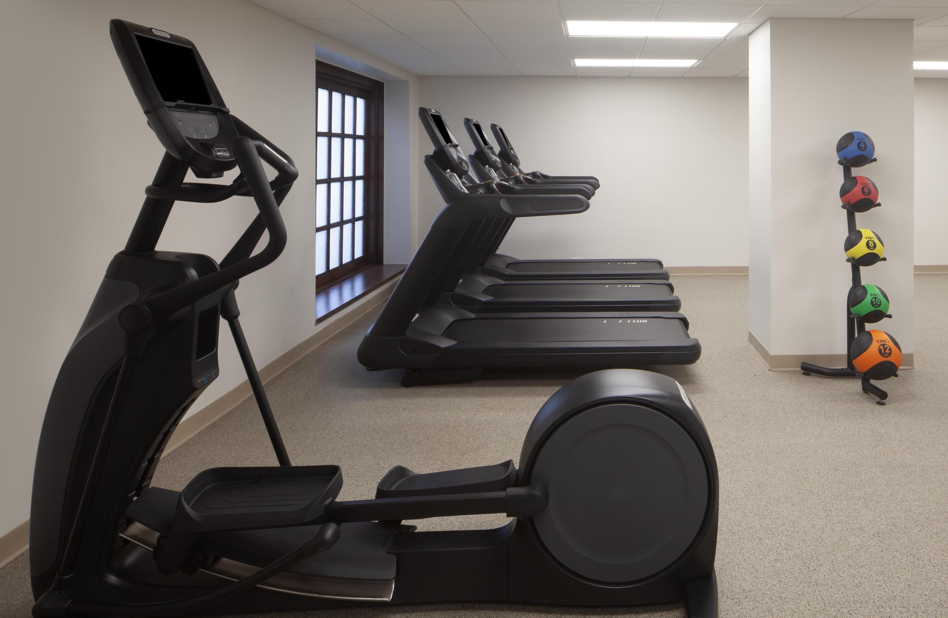 A fitness room with treadmills and a wall-mounted exercise ball rack.