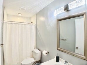 Un baño con inodoro, lavabo, espejo y cortina de ducha.