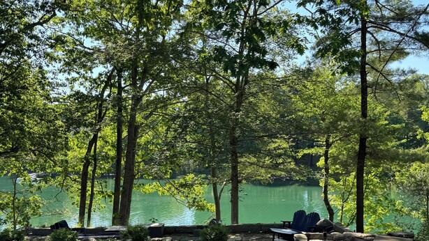 Um parque com área gramada, árvores e um lago.