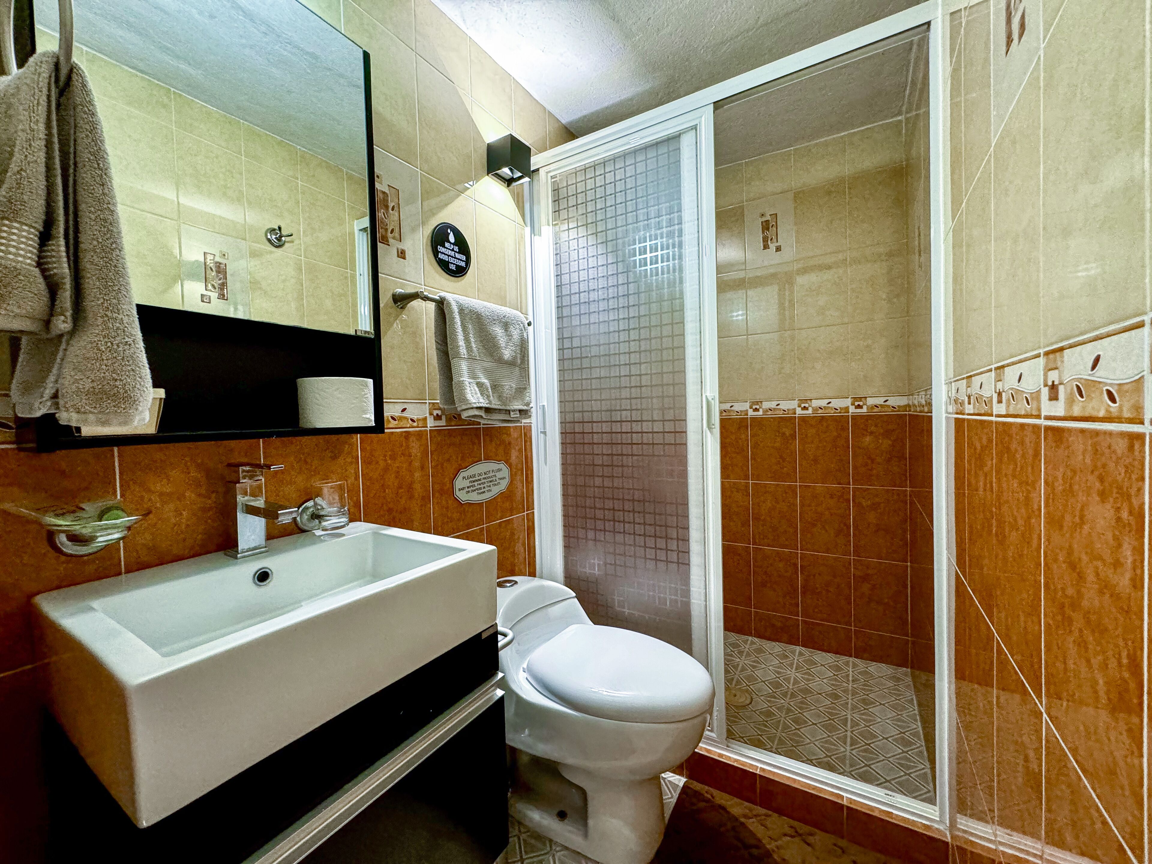 Une salle de bain équipée d’un lavabo, de toilettes et d’un espace douche.