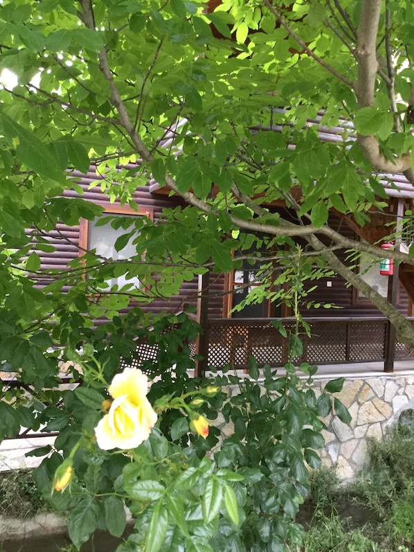 A traditional wooden building with a stone wall and a wooden fence.