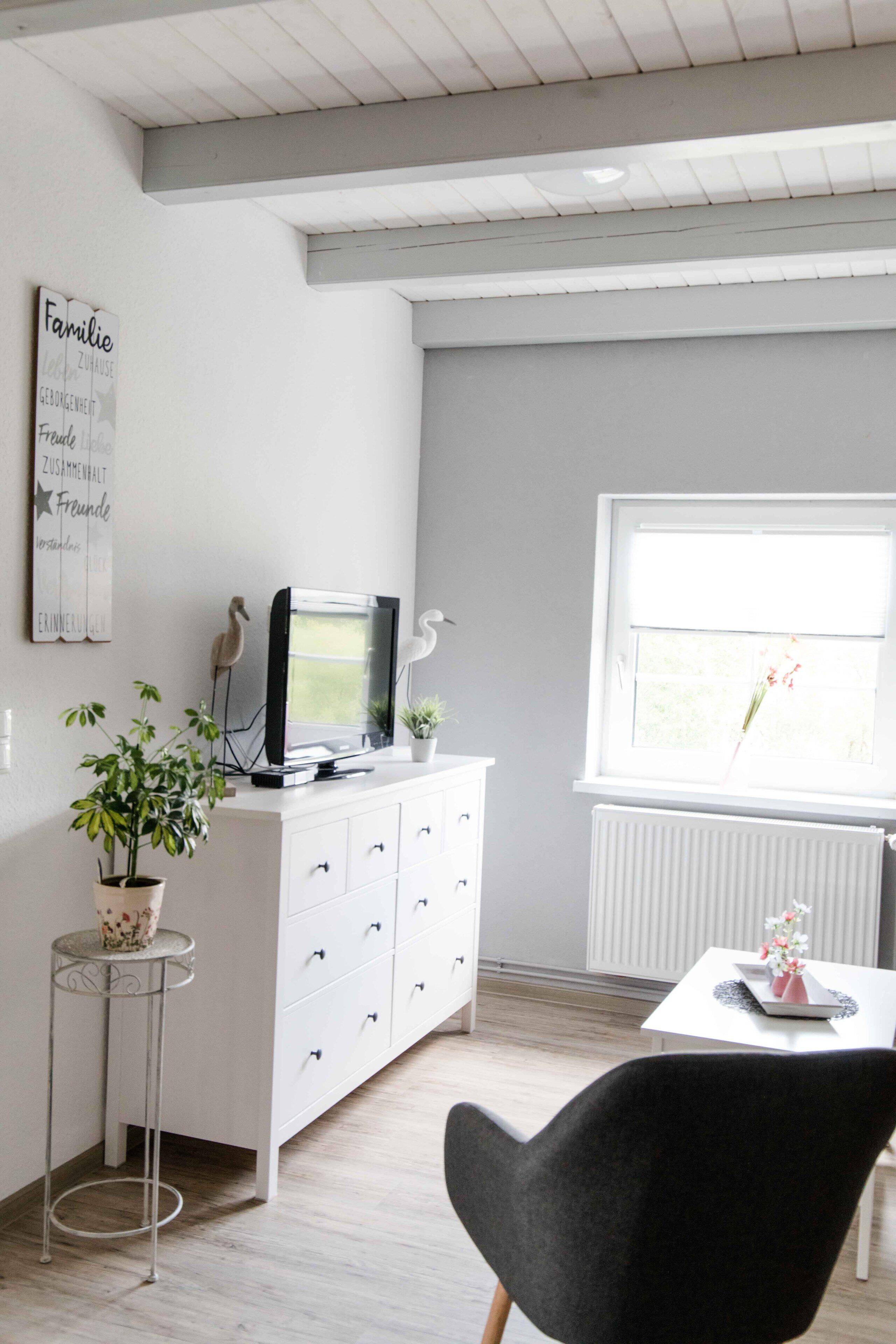 A modern living room with a white cabinet, a television, a potted plant, and a window with a view.