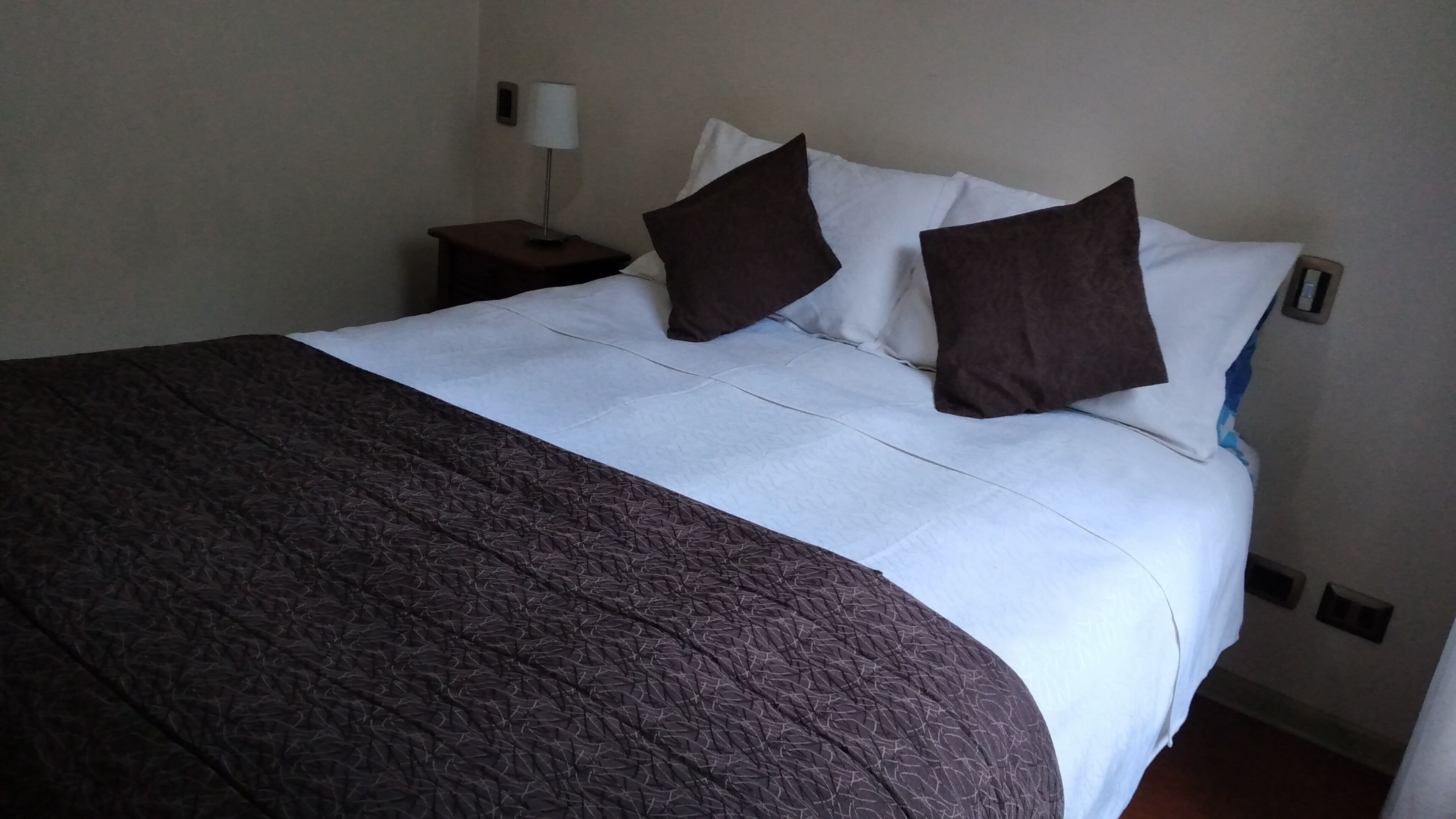 A neatly made bed with a white duvet and dark brown pillows, a bedside table with a lamp, and a plain wall.