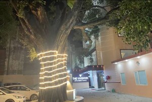 Un árbol iluminado con luces, un edificio con un letrero que dice "The Vaishvik Affordable Luxury Hotel" y coches estacionados.