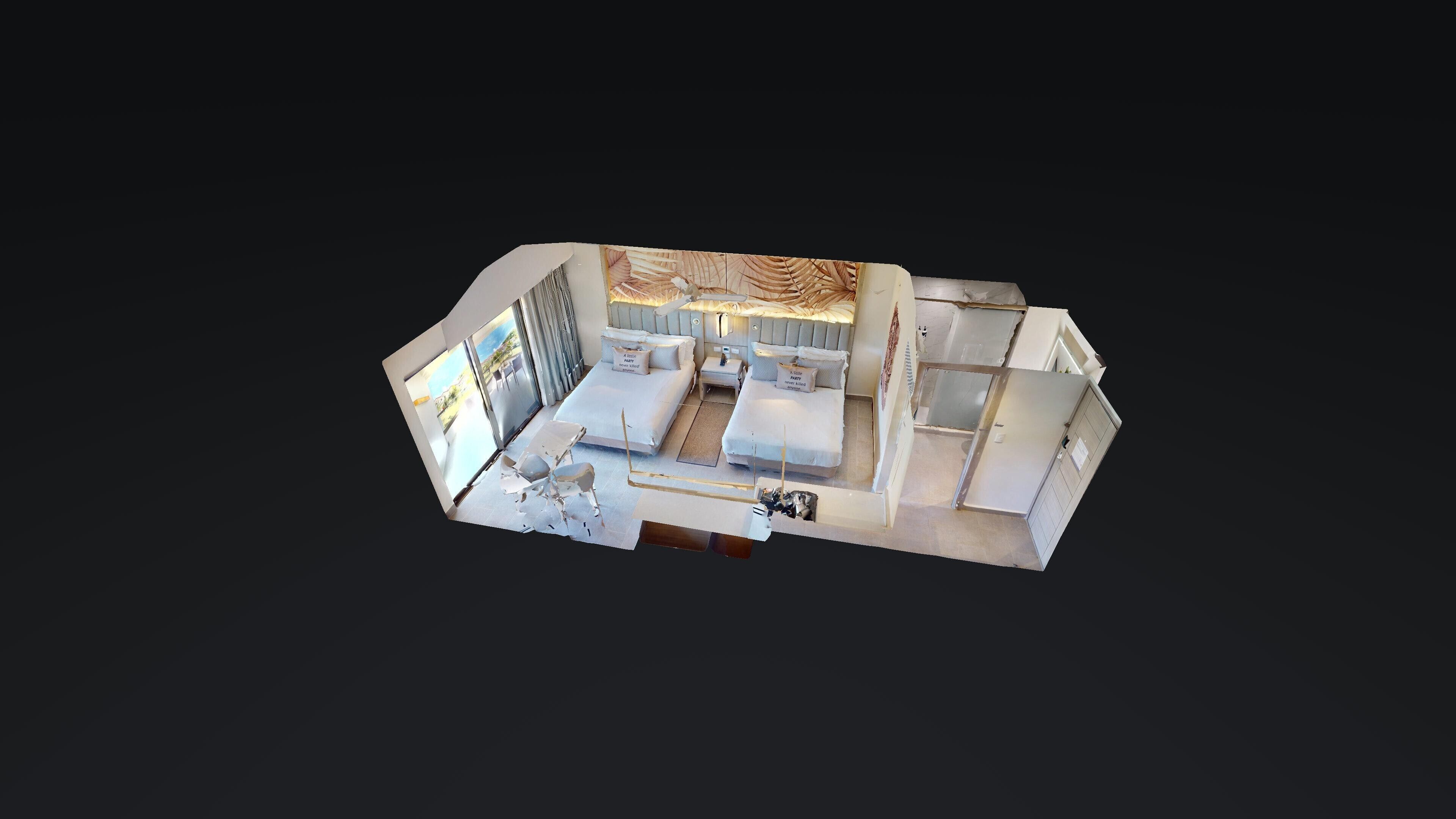 Ein 3D-Modell eines Hotelzimmers mit zwei Betten, einem Schreibtisch, einem Stuhl und einem Badezimmer.