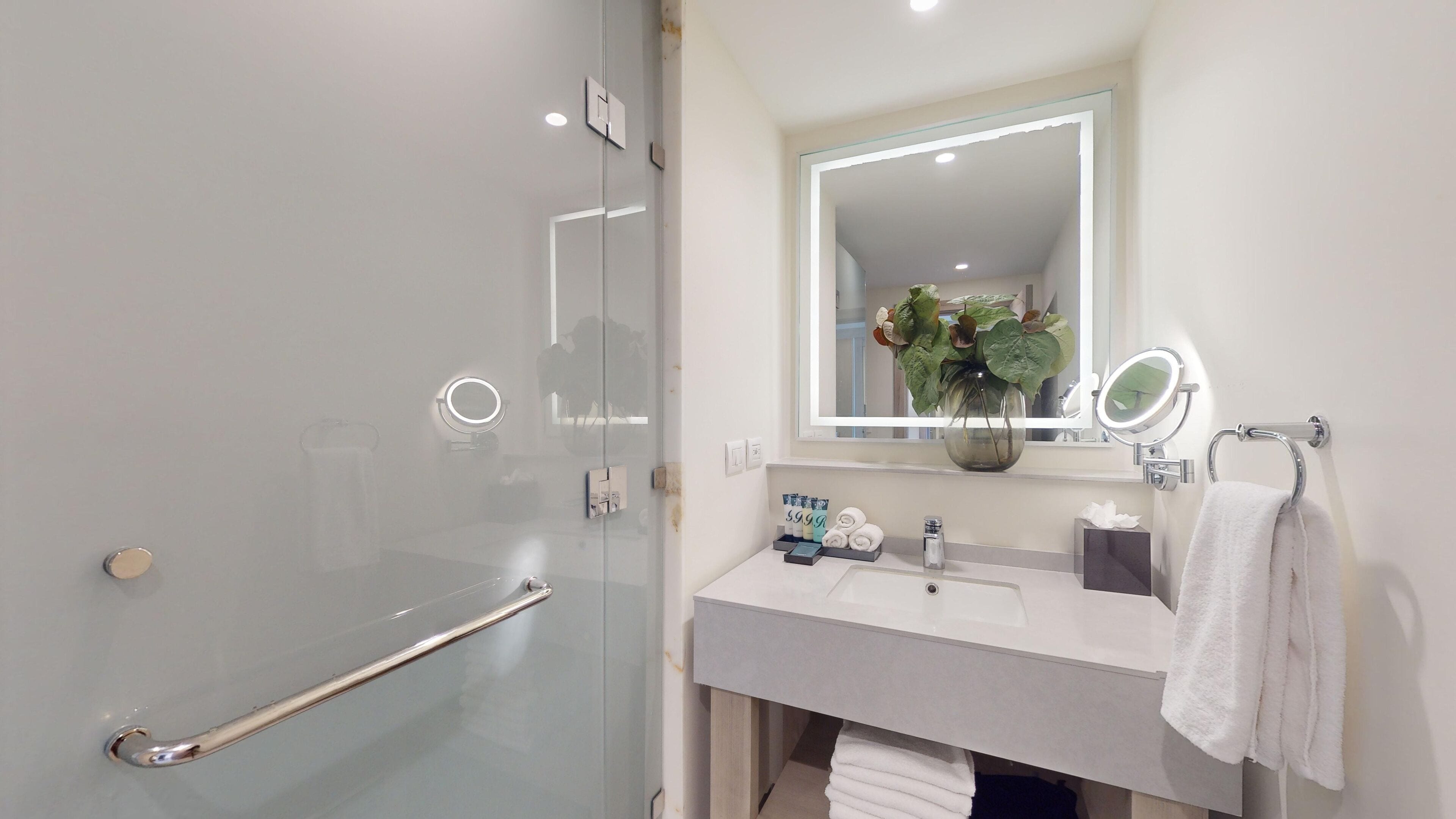 A modern bathroom with a glass shower enclosure, a vanity with a mirror, and a potted plant on the sink.