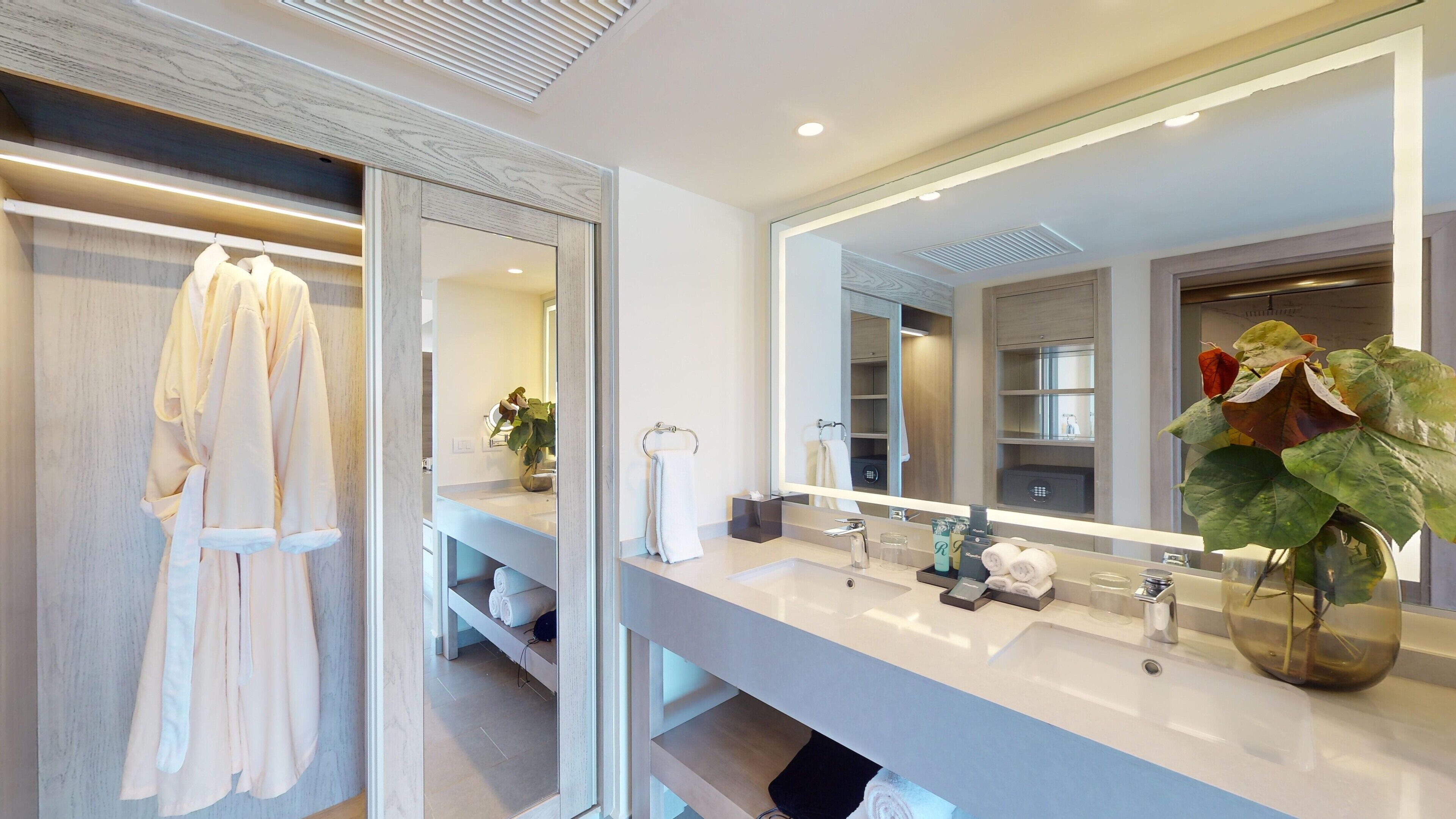 Une salle de bain moderne avec un grand miroir, un lavabo équipé de produits de toilette et un porte-peignoir.