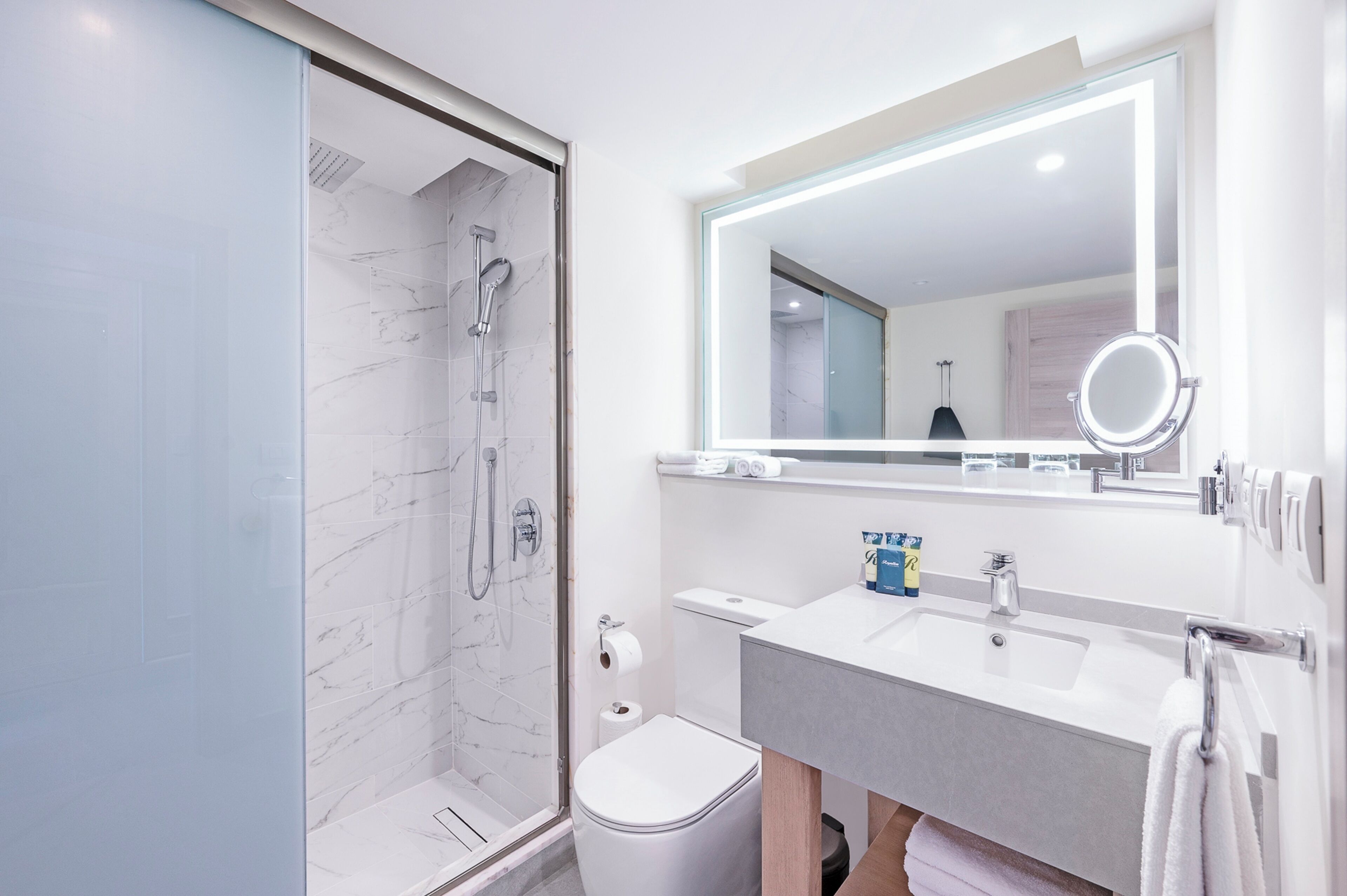 A modern bathroom with a glass-enclosed shower, a white toilet, a sink with a mirror, and a towel rack.