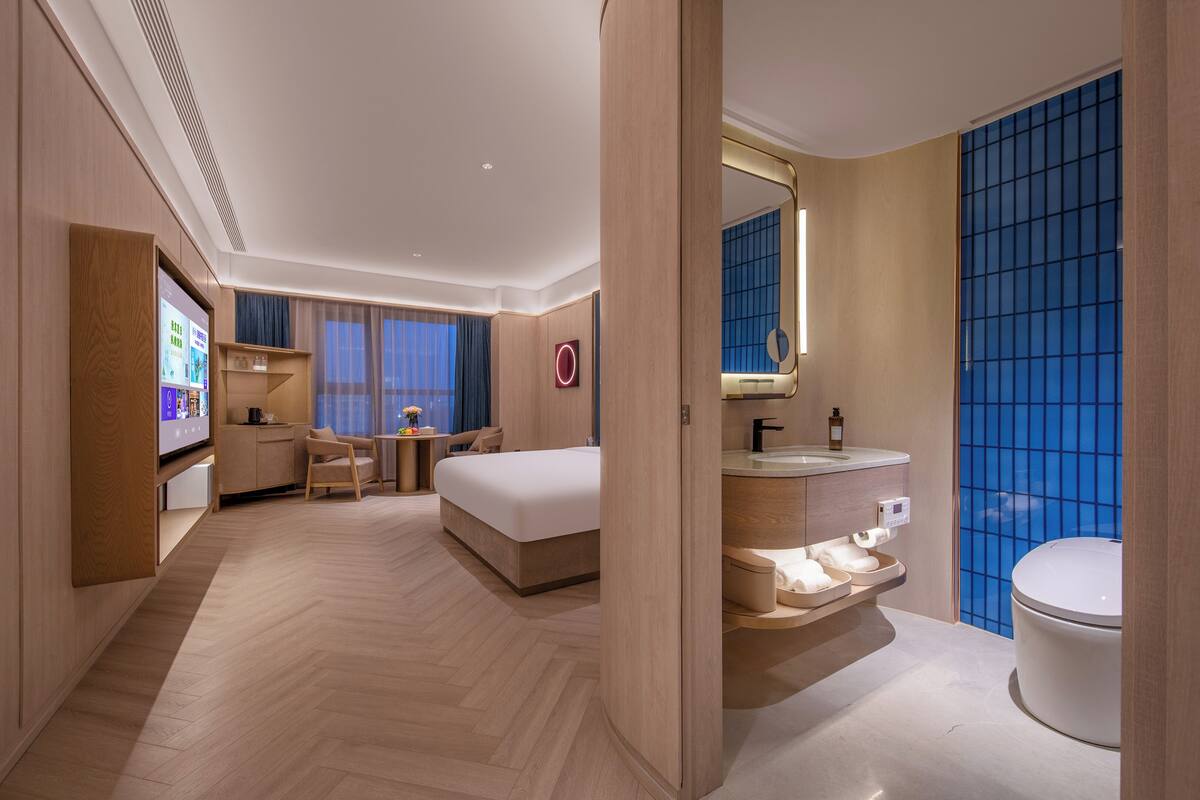A hotel room with a bed, a desk, a chair, a TV, a bathroom with a toilet, and a sink.