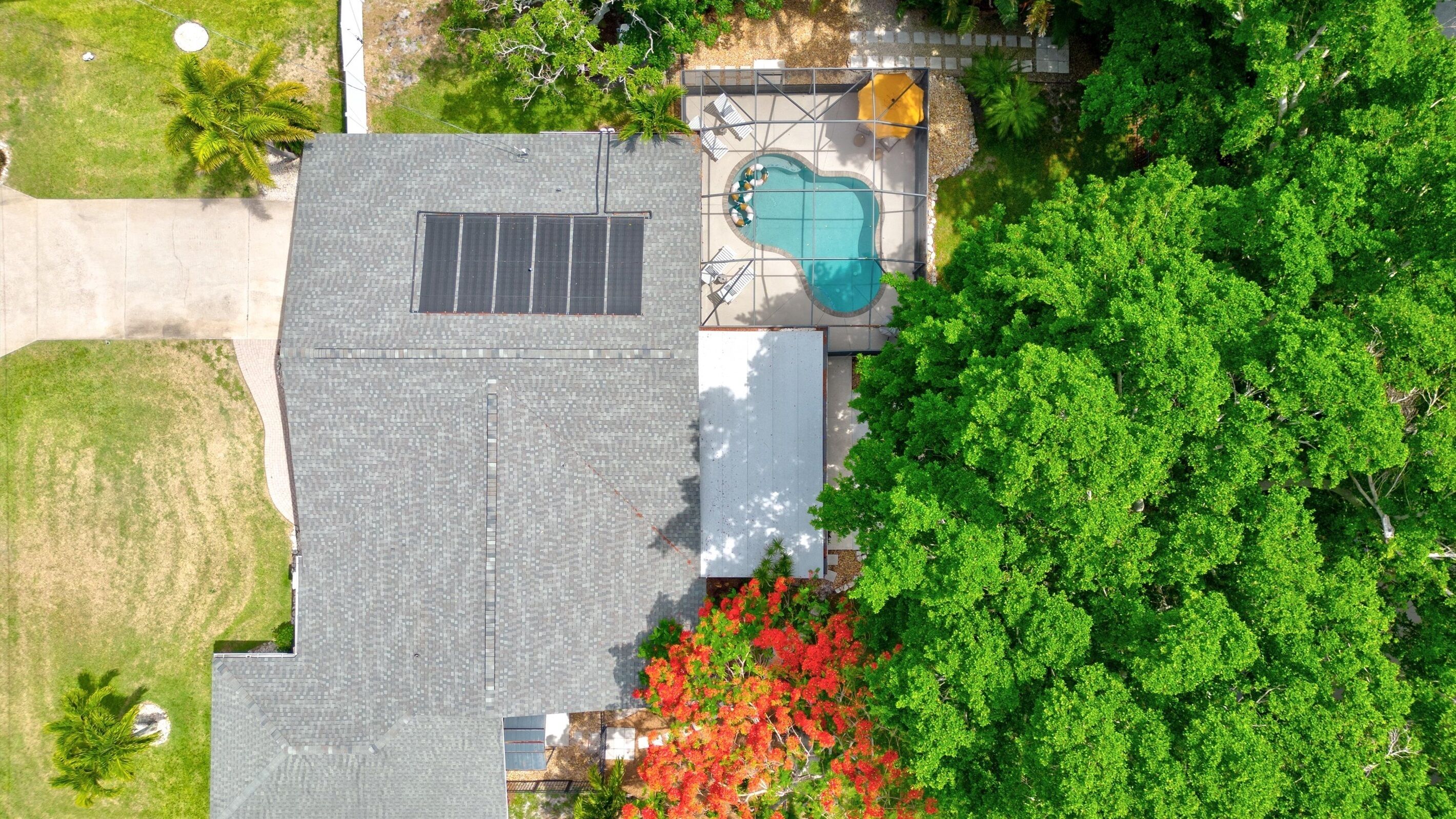 Vue aérienne d’une maison dotée d’une piscine, de panneaux solaires et d’une végétation luxuriante.