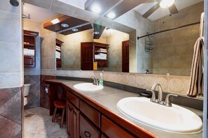 Shower, towels, soap, toilet paper