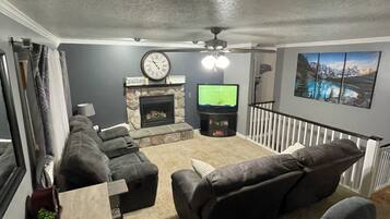 TV connectée, cheminée, livres, chaßne hi-fi