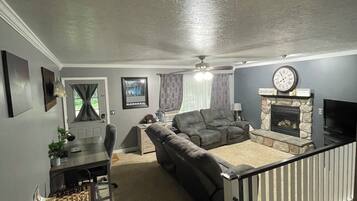 TV connectée, cheminée, livres, chaßne hi-fi