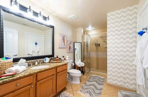 Shower, hair dryer, towels, soap