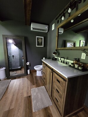 Combined shower/bathtub, hair dryer, towels