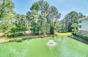 A pond with a fountain, surrounded by tall trees and a building with a balcony.