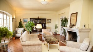 A spacious living room with a fireplace, two armchairs, a glass coffee table, and several potted plants. - ITS A Room IN A Shared House (Caldas da Rainha)