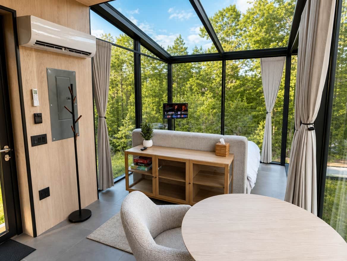 A modern room with a glass wall, a sofa, a wooden cabinet, and a round table.