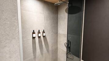 A modern shower with a glass door, a handheld showerhead, and two bottles of shampoo on the wall.