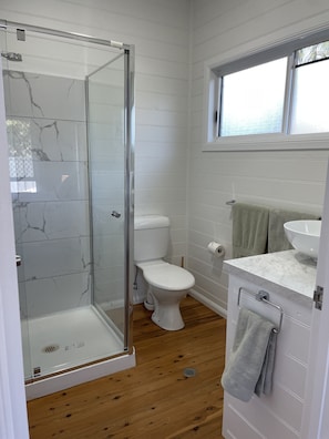 Shower, hair dryer, towels, soap
