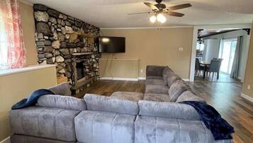 TV, fireplace, books, offices