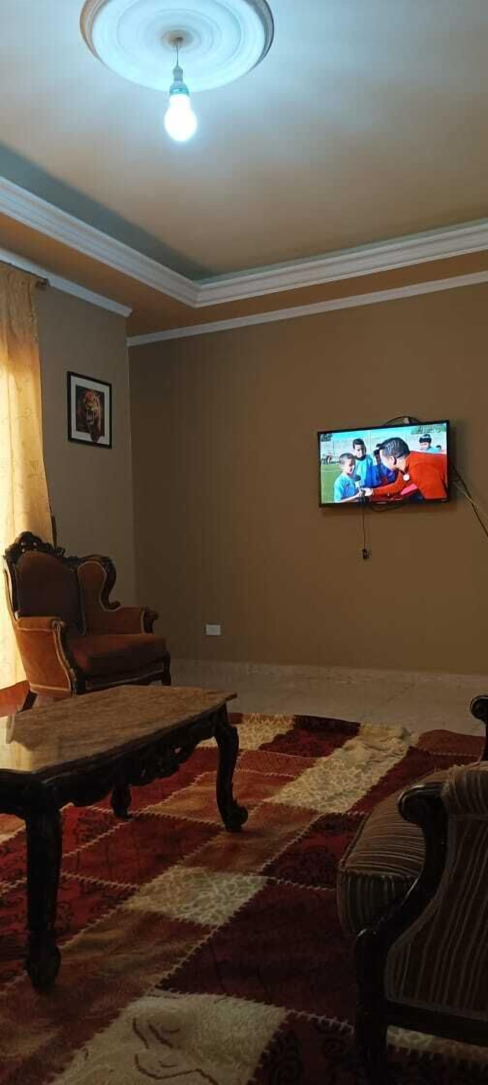 Un soggiorno con televisione, un tappeto decorato e una ventola a soffitto.