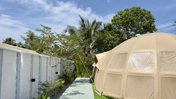 A tented accommodation with a pathway leading to it, surrounded by greenery and trees.