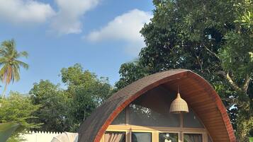 A dome-shaped building with a glass door and windows, surrounded by a pool and greenery.