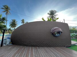 A building with a unique shell-like exterior, a circular window, and a wooden deck.