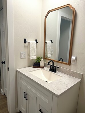 Hair dryer, towels, soap, shampoo