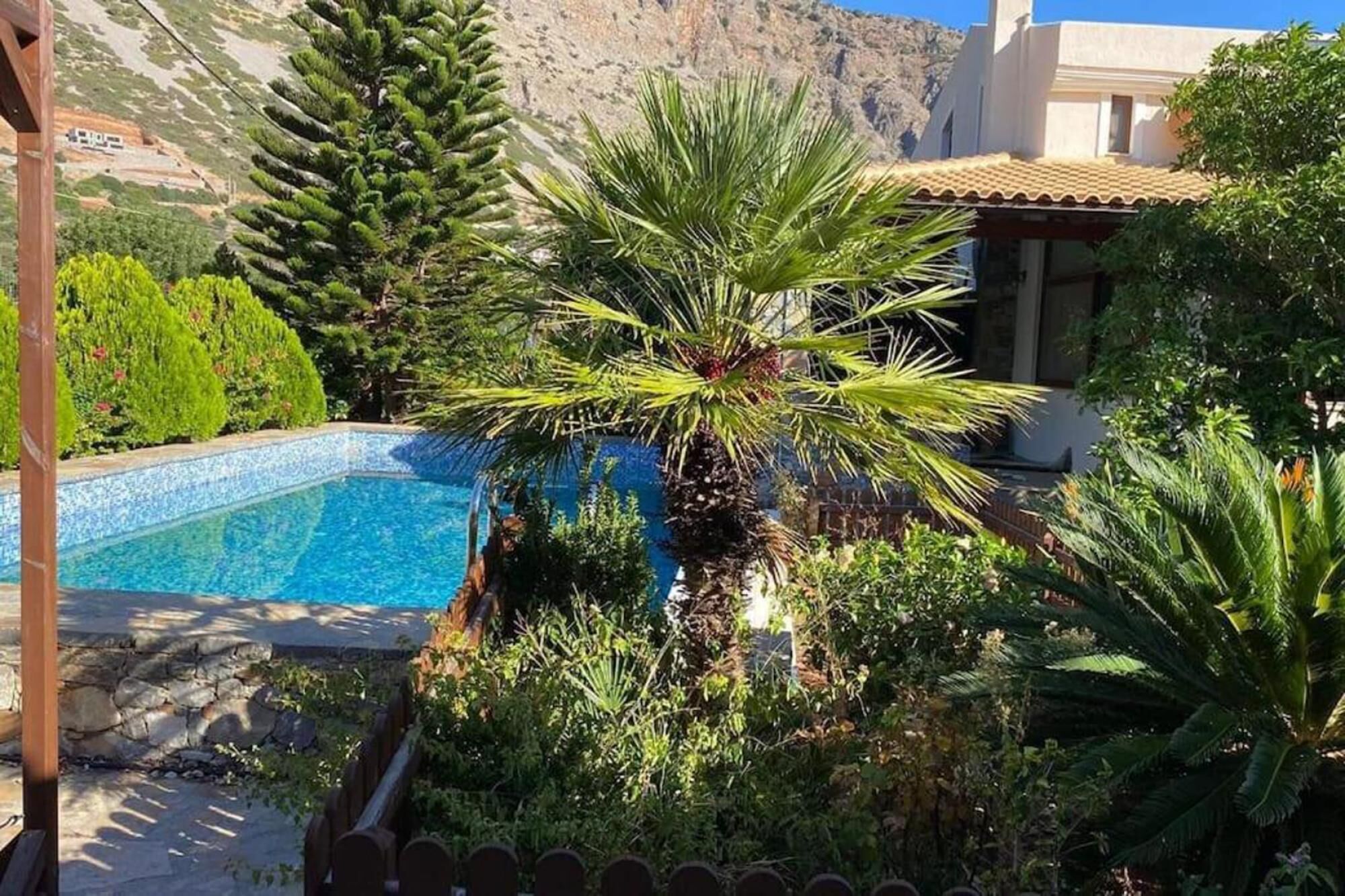 Ein Pool, umgeben von üppiger Vegetation und einer Bergkulisse.