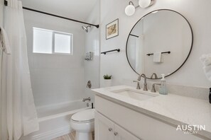 Eco-friendly toiletries, hair dryer, towels, soap