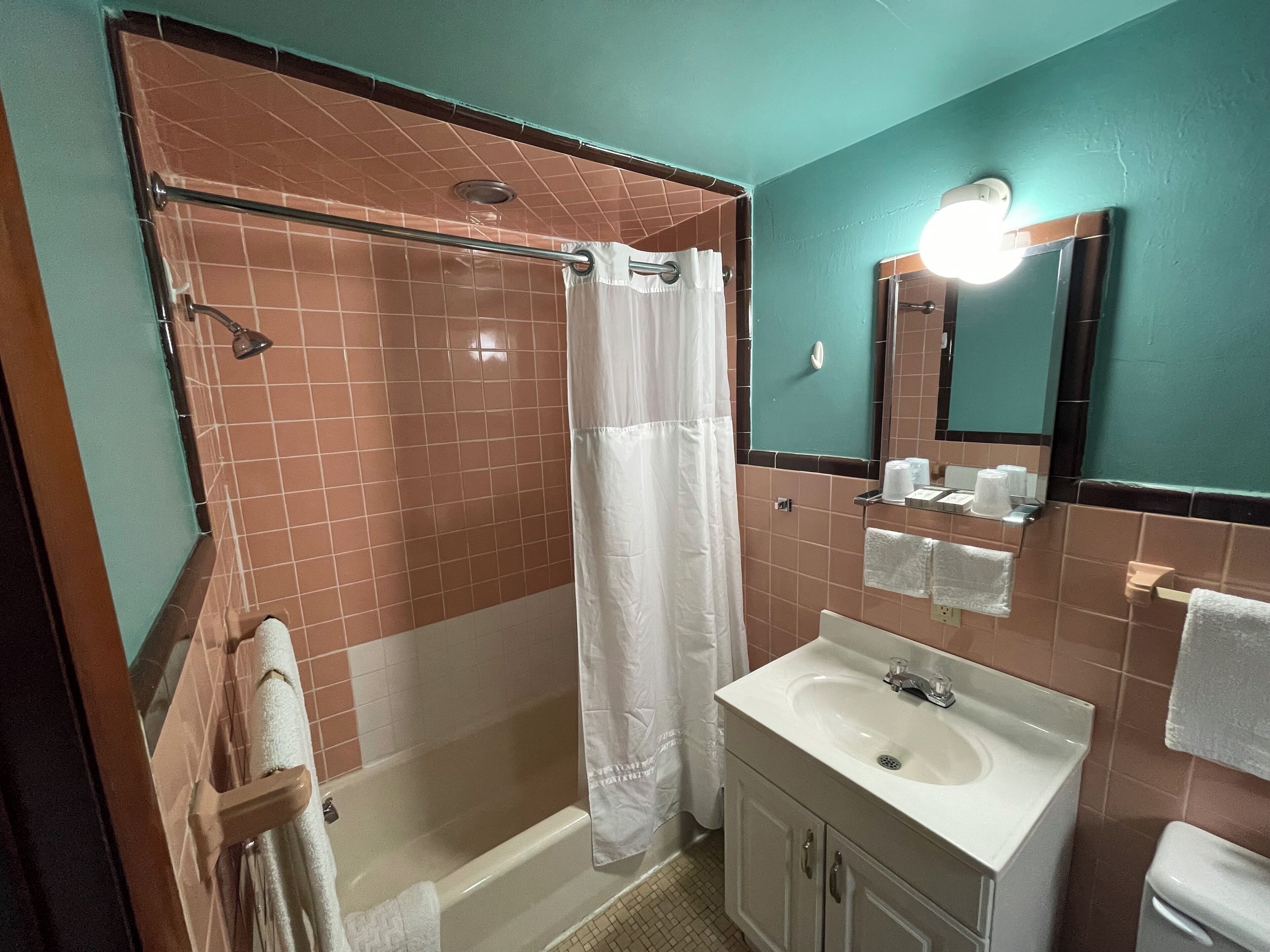 Un baño con ducha a ras de suelo, lavamanos y espejo.