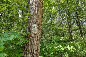 Un arbre sur lequel est fixé un panneau d’avertissement.