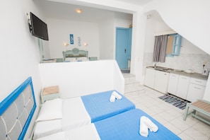 Une chambre comprenant un lit, une télévision, une salle de bain et un coin cuisine.