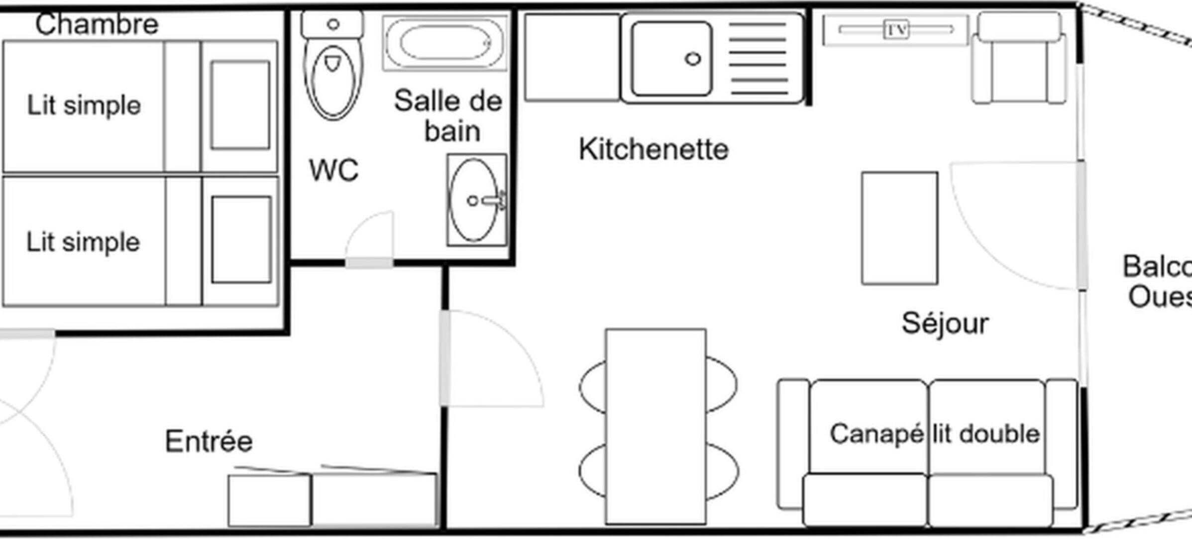 A floor plan of a hotel room with a simple bedroom, bathroom, kitchenette, sitting area, and a double bed.