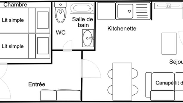 A floor plan of a hotel room with a simple bedroom, bathroom, kitchenette, sitting area, and a double bed. - Comfortable 2 Rooms, Ski-in/Ski-out, 4 Pers. Near Shops (La Tania)