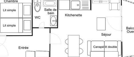A floor plan of a hotel room with a simple bedroom, bathroom, kitchenette, sitting area, and a double bed.
