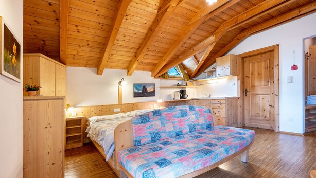 Ein Holzinnenraum mit einem Bett, einer Küchenzeile und einer Tür.