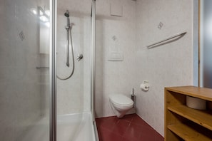 Et badeværelse med en glasafskærmet brusekabine, toilet og en træhylde.
