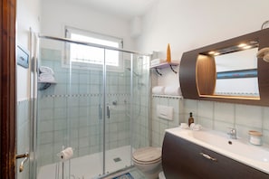 Une salle de bain avec une douche à parois de verre, des toilettes en bois, un lavabo blanc et un miroir avec un cadre en bois.